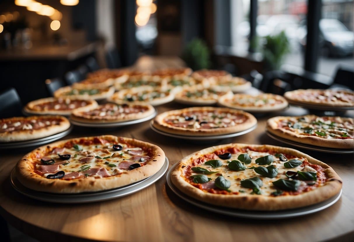 A table with various highlighted pizzas at "Nørrebro's Best Pizza" shop