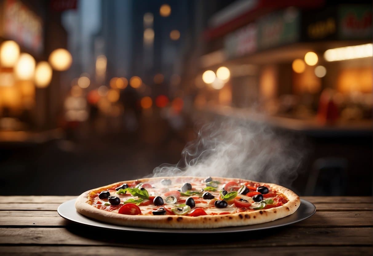 A steaming hot pizza with melted cheese and fresh toppings sits on a rustic wooden table, surrounded by colorful ingredients and traditional Italian decor