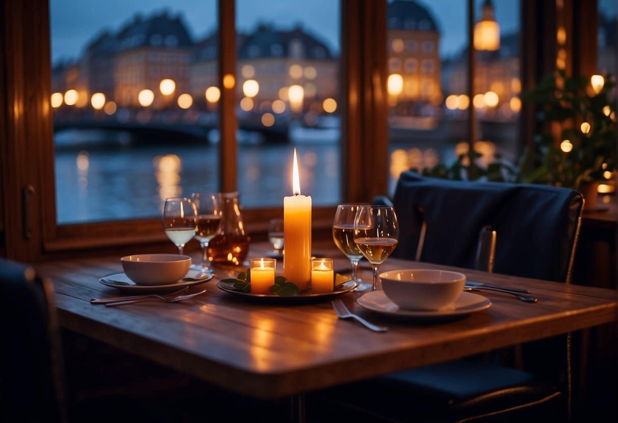 A cozy candlelit table for two in a charming Copenhagen restaurant, with a view of the city's picturesque canals and historic architecture