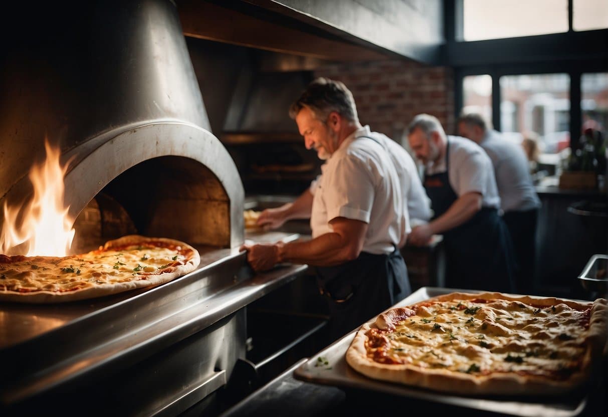 A bustling pizzeria in Slagelse, with a wood-fired oven, chefs tossing dough, and customers enjoying slices at tables