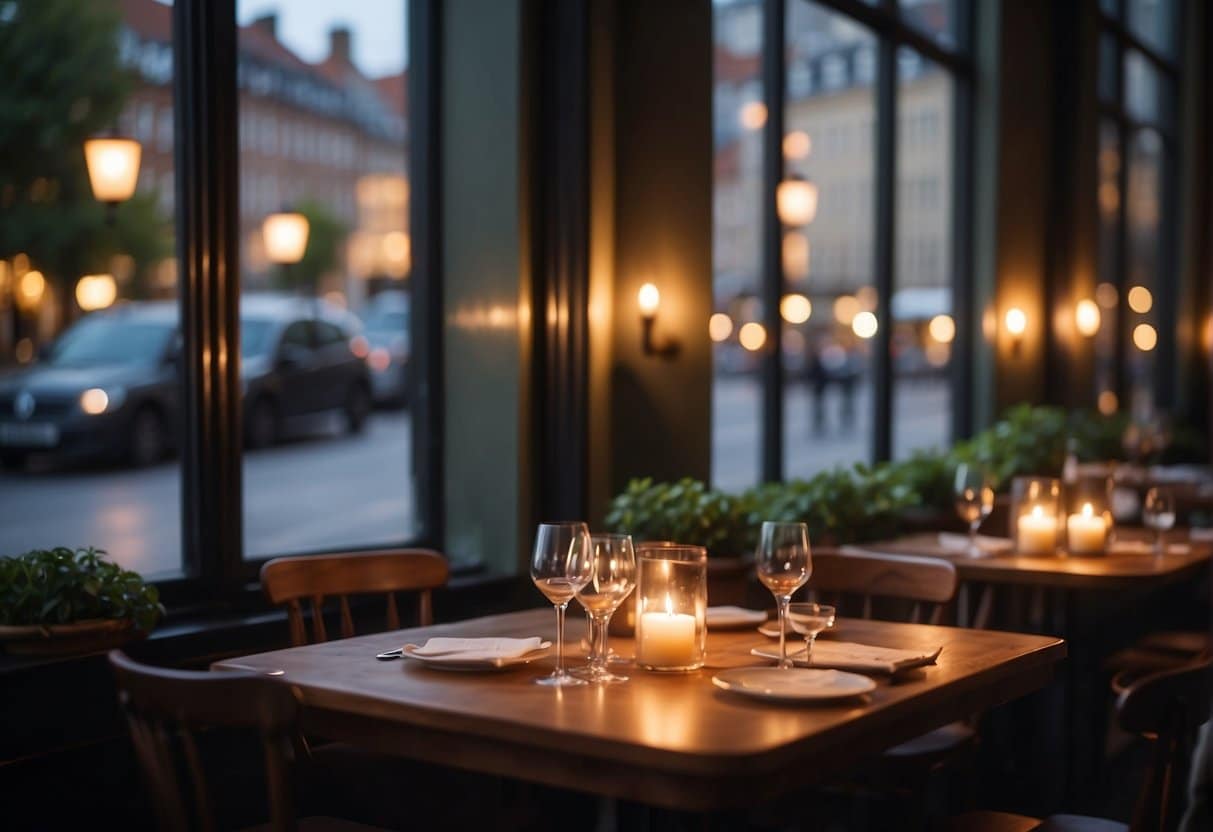 A cozy table for two set in a charming Copenhagen restaurant, with soft candlelight and a view of the city's picturesque streets