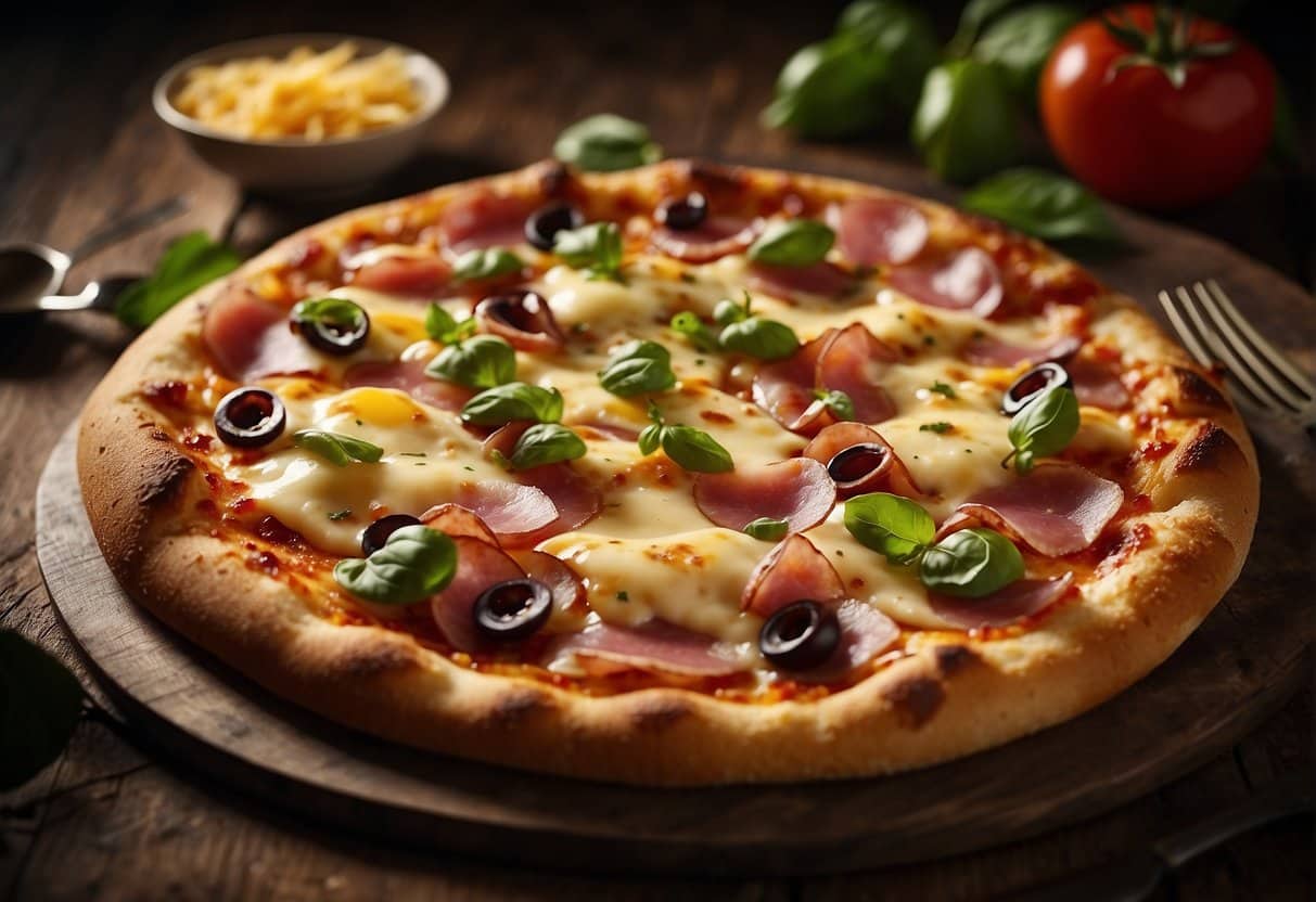 A homemade pizza being prepared with the best ham, fresh ingredients, and a rustic wood-fired oven