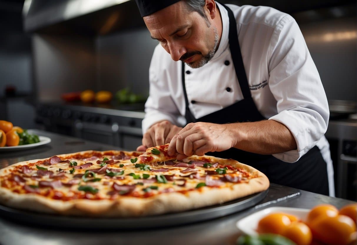 A chef adjusts pizza recipes, selecting the best ham for topping