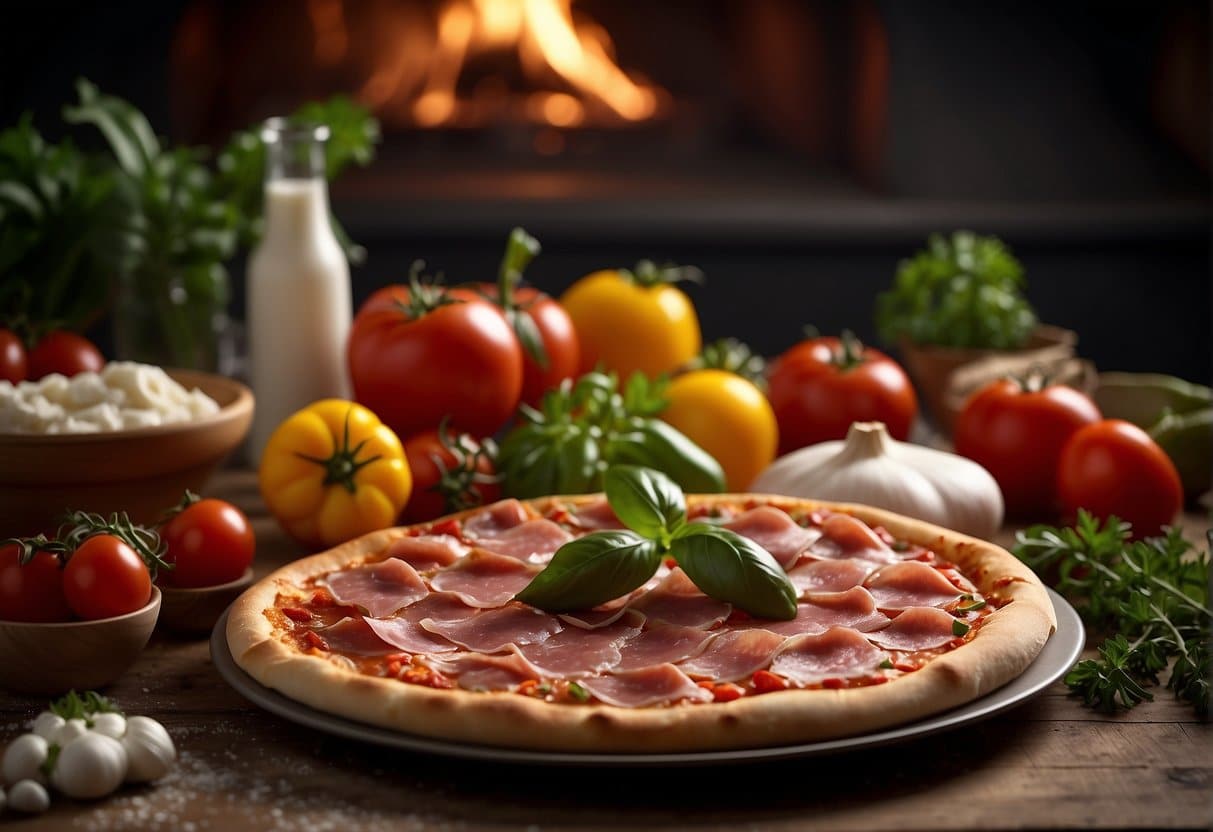 A table with fresh ingredients for a delicious pizza, including the best ham for pizza. Ingredients are neatly arranged and ready to be used