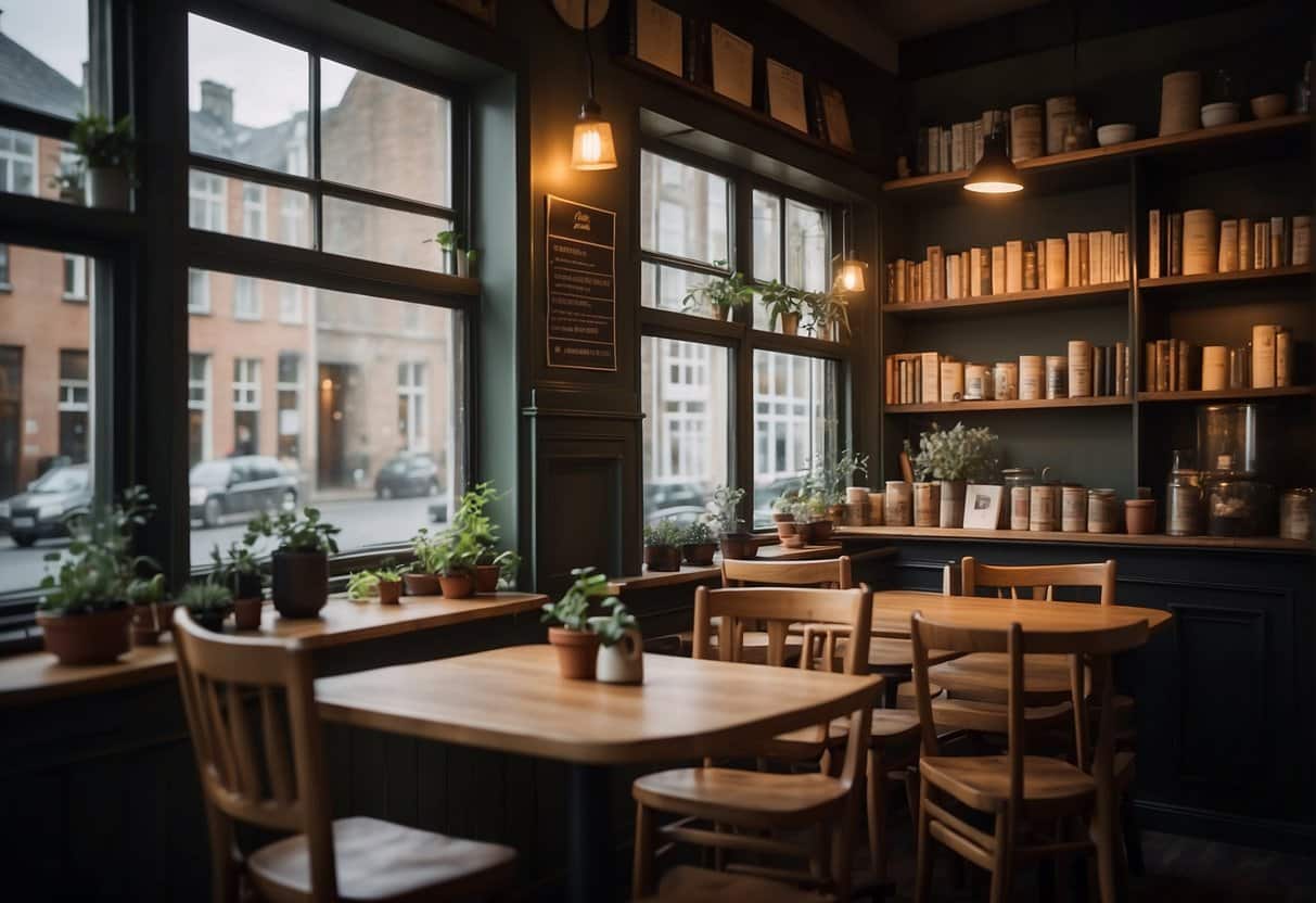 A cozy cafe in Copenhagen with dim lighting, small tables, and steaming cups of coffee. A shelf of books lines one wall, while a window overlooks a bustling street