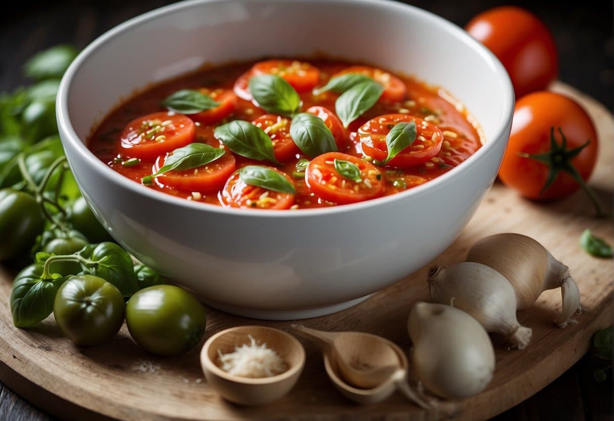 A bowl of tomatoes, garlic, basil, and olive oil mixed together to create the perfect pizza sauce