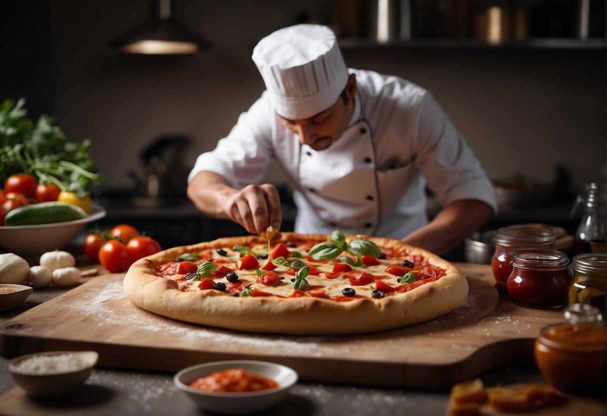 A chef spreads rich, red Bedste Pizzasauce evenly across a fresh pizza dough, using a large spoon to create a perfect base for the toppings