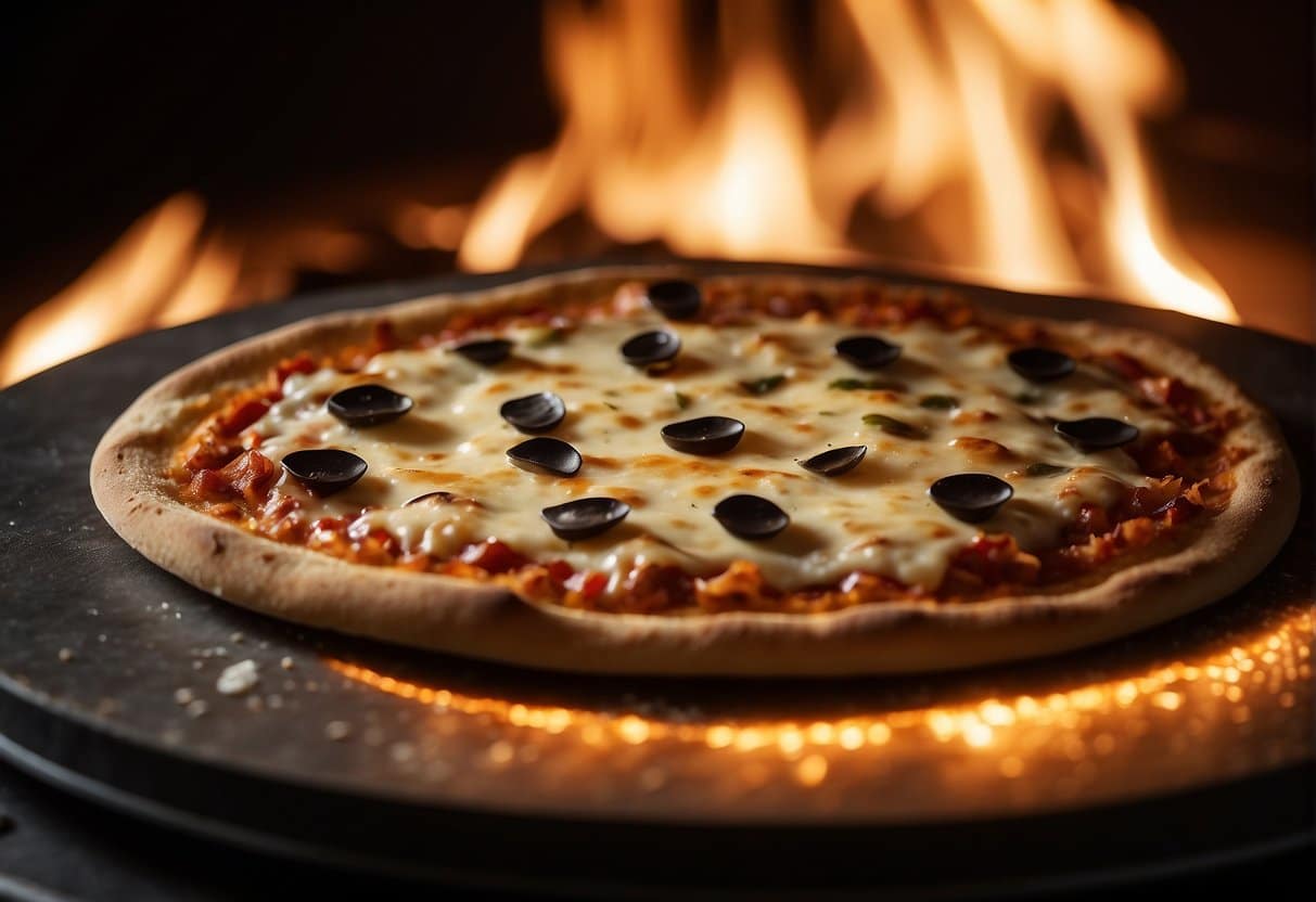 A pizza stone sits in a hot oven, crisping a perfectly round pizza crust. The stone is surrounded by flickering flames, giving off a warm, inviting glow