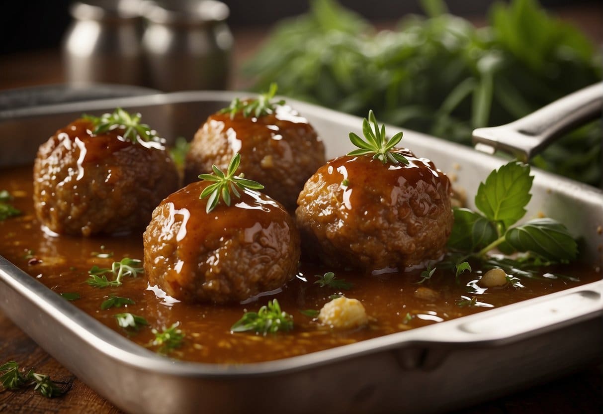 A sizzling pan of golden-brown meatballs, steam rising, surrounded by fresh herbs and a dollop of lingonberry sauce