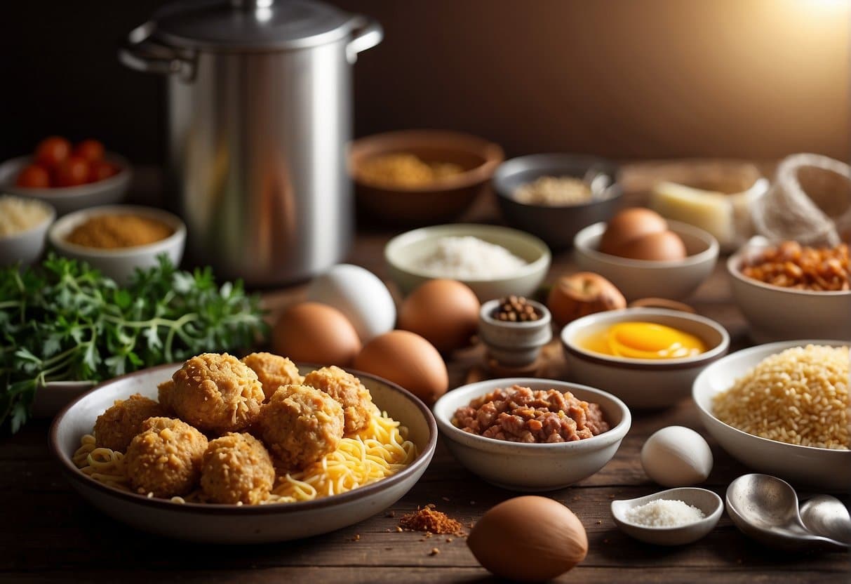 A table with ingredients laid out: ground meat, onions, breadcrumbs, eggs, salt, and pepper. A mixing bowl and a wooden spoon are ready for preparation