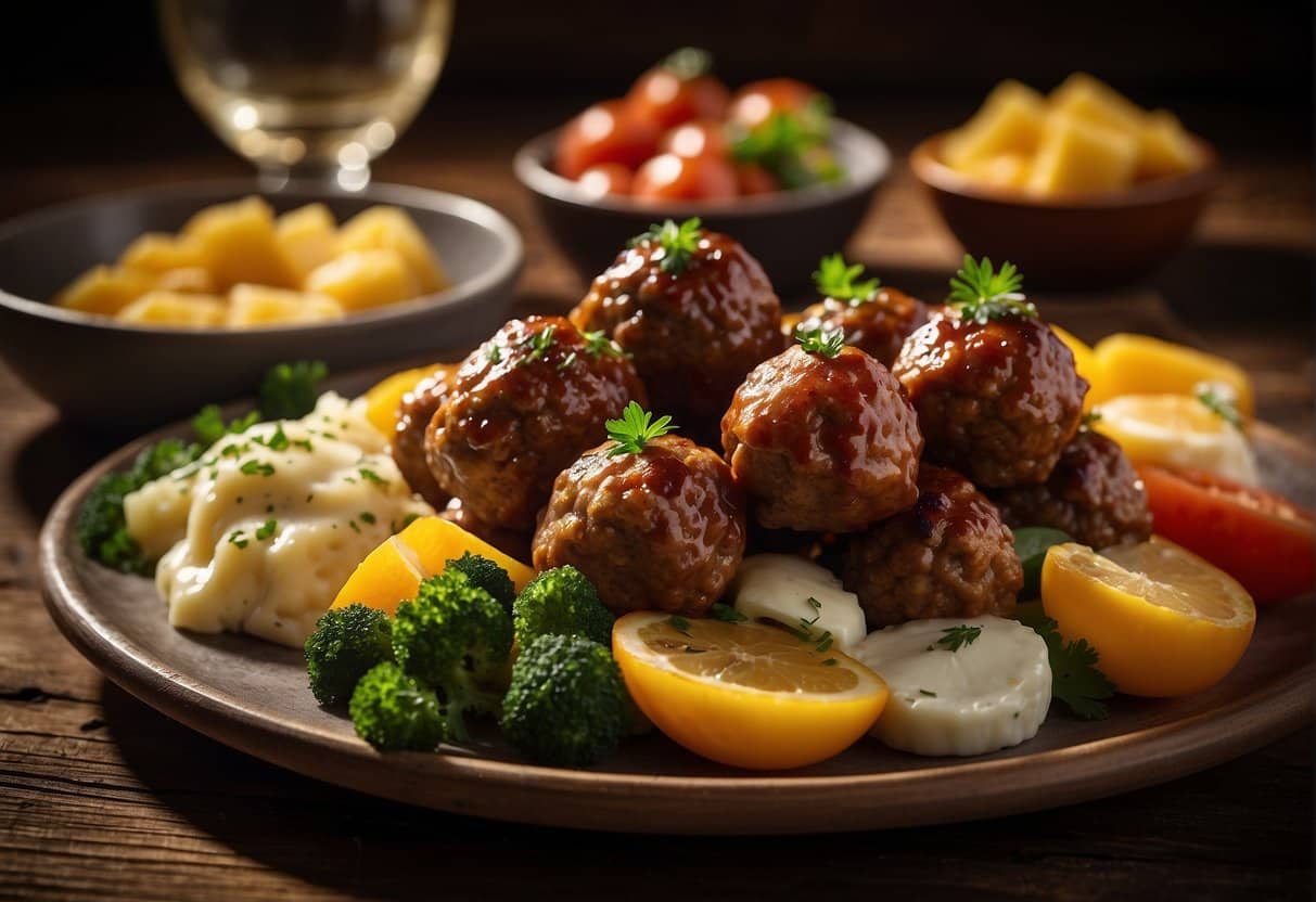 A platter of Danish meatballs with assorted sides, arranged neatly on a rustic wooden table