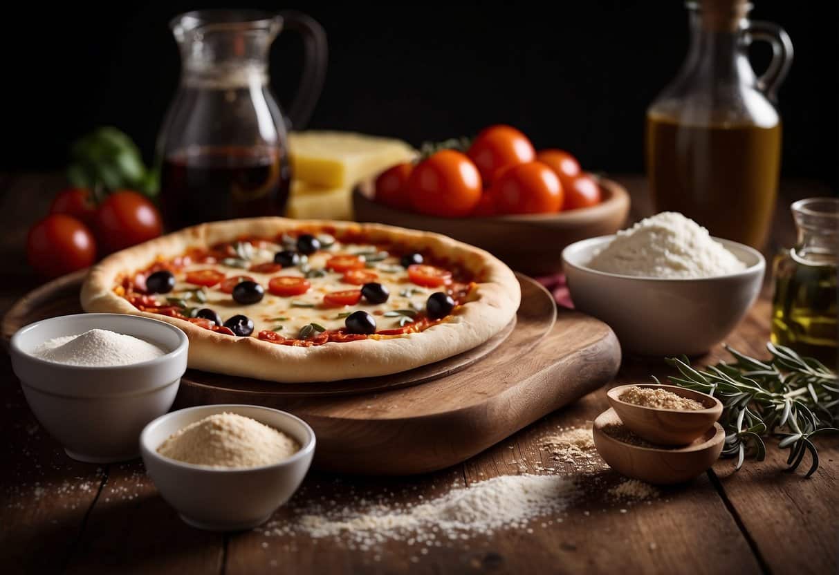 A table with ingredients for a pizza crust, including flour, yeast, olive oil, and a mixing bowl