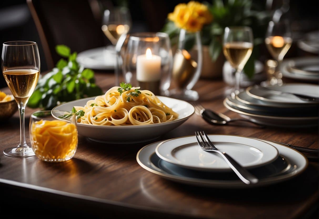 A table set with elegant dinnerware and pasta dishes