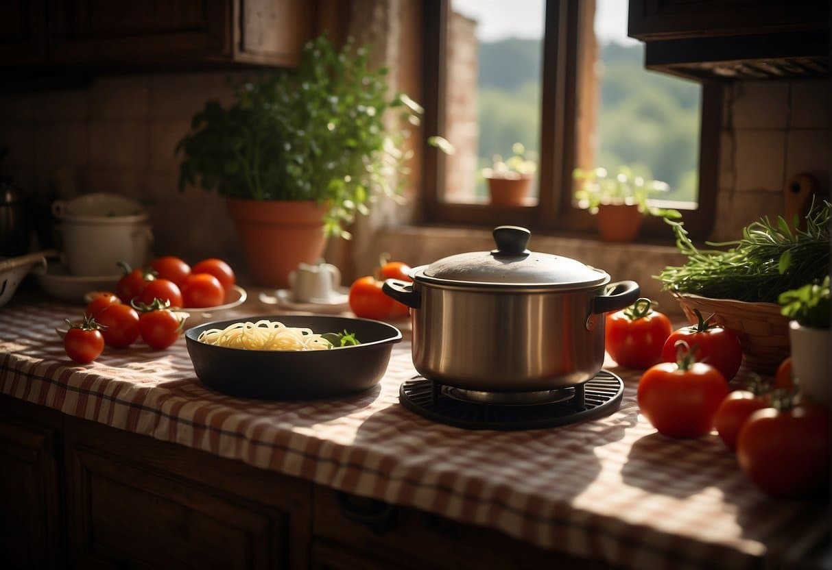 A rustic Italian kitchen with a steaming pot of pasta on the stove, fresh herbs and tomatoes on the counter, and a checkered tablecloth