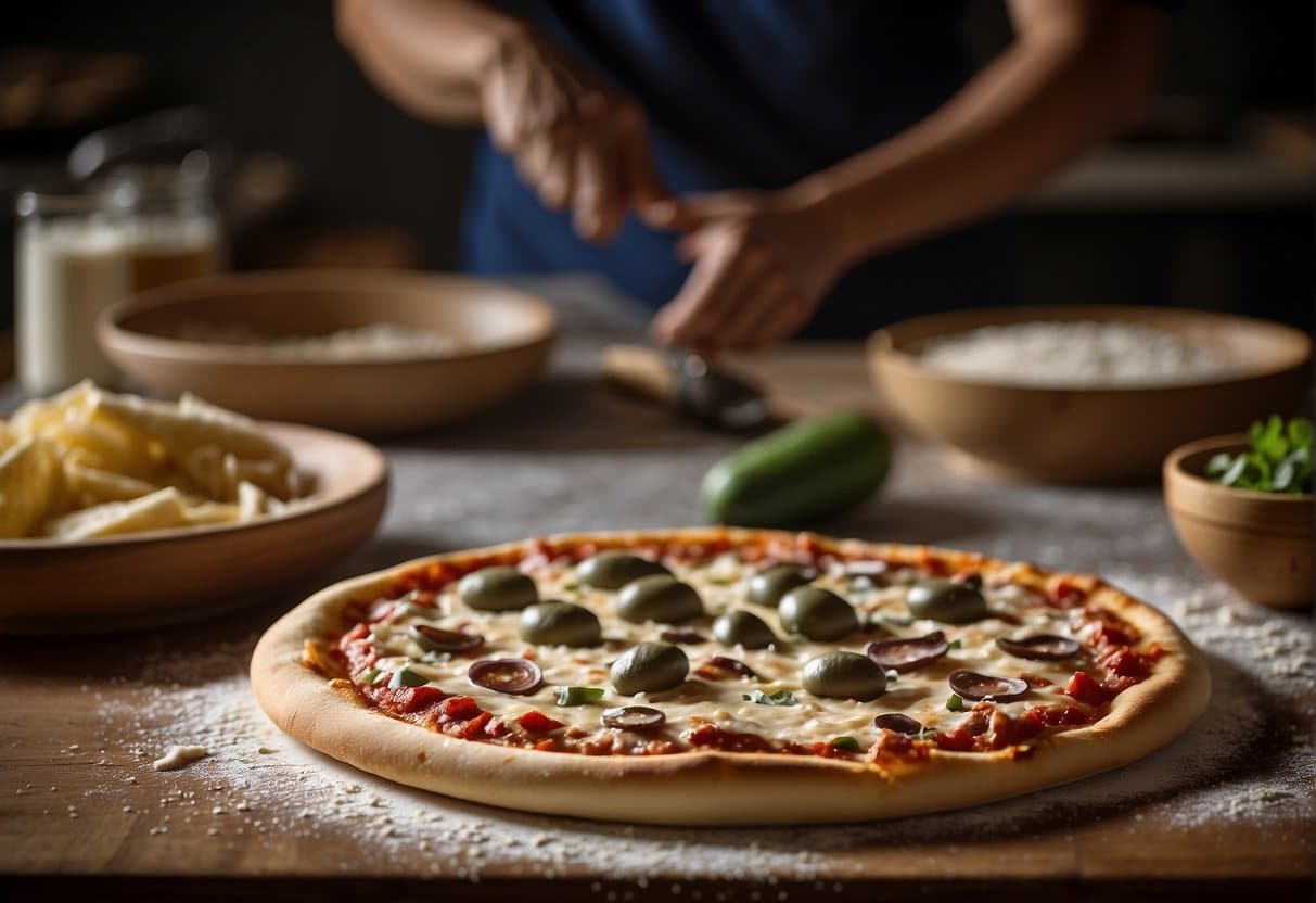 A table with various pizza toppings and a stack of pre-made pizza crusts. A rolling pin and flour dust the surface as someone prepares to assemble the perfect pizza