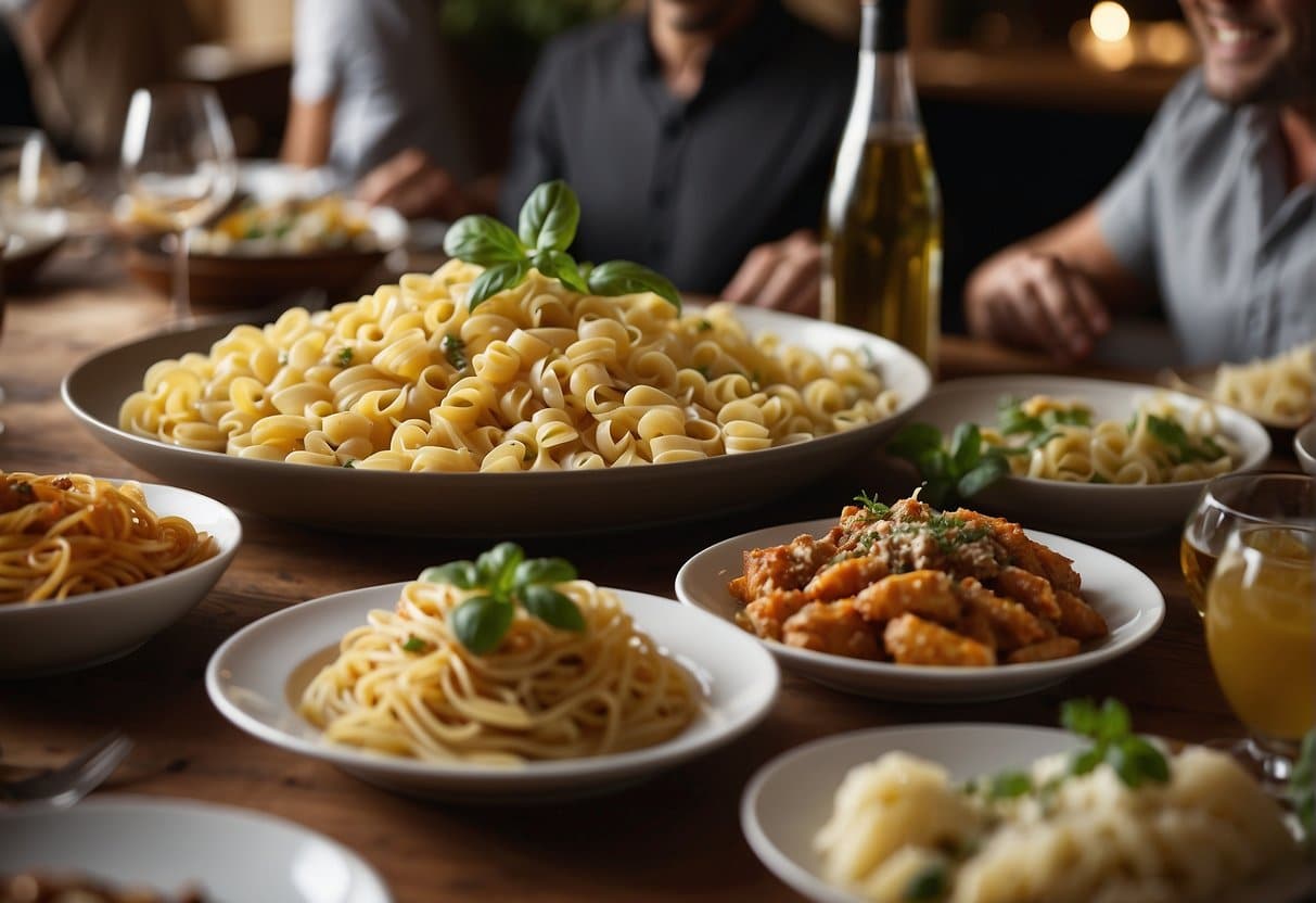 A table set with a variety of popular pasta dishes, surrounded by happy diners enjoying the best pasta