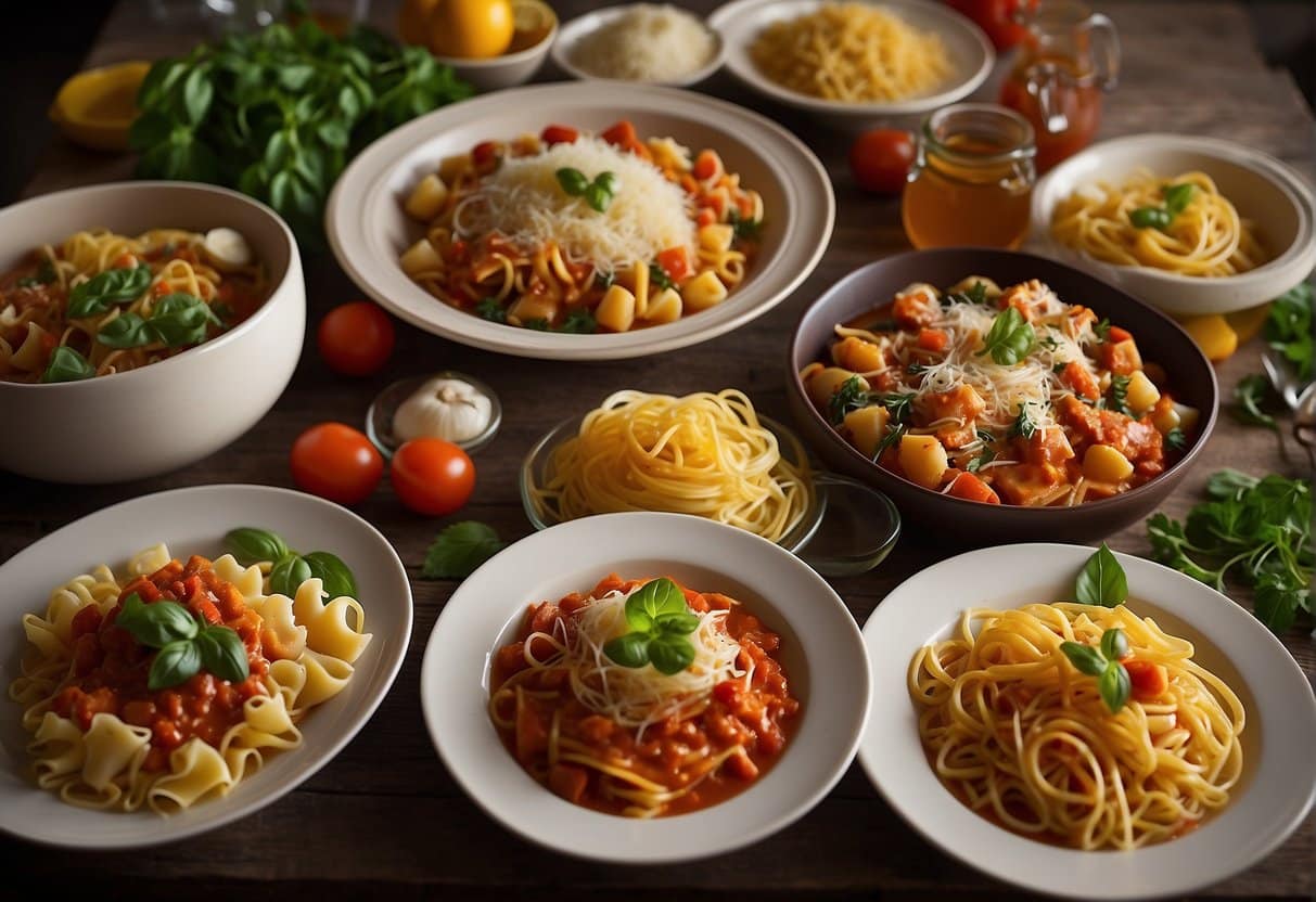 A table set with a variety of pasta dishes, including spaghetti, lasagna, and ravioli, surrounded by fresh ingredients like tomatoes, basil, and garlic