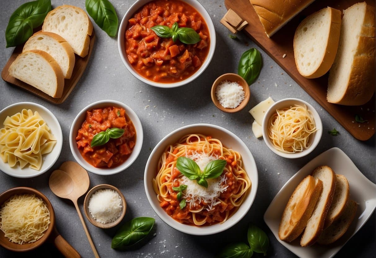 A steaming bowl of pasta with rich tomato sauce and fresh basil, surrounded by grated parmesan cheese and a crusty loaf of bread