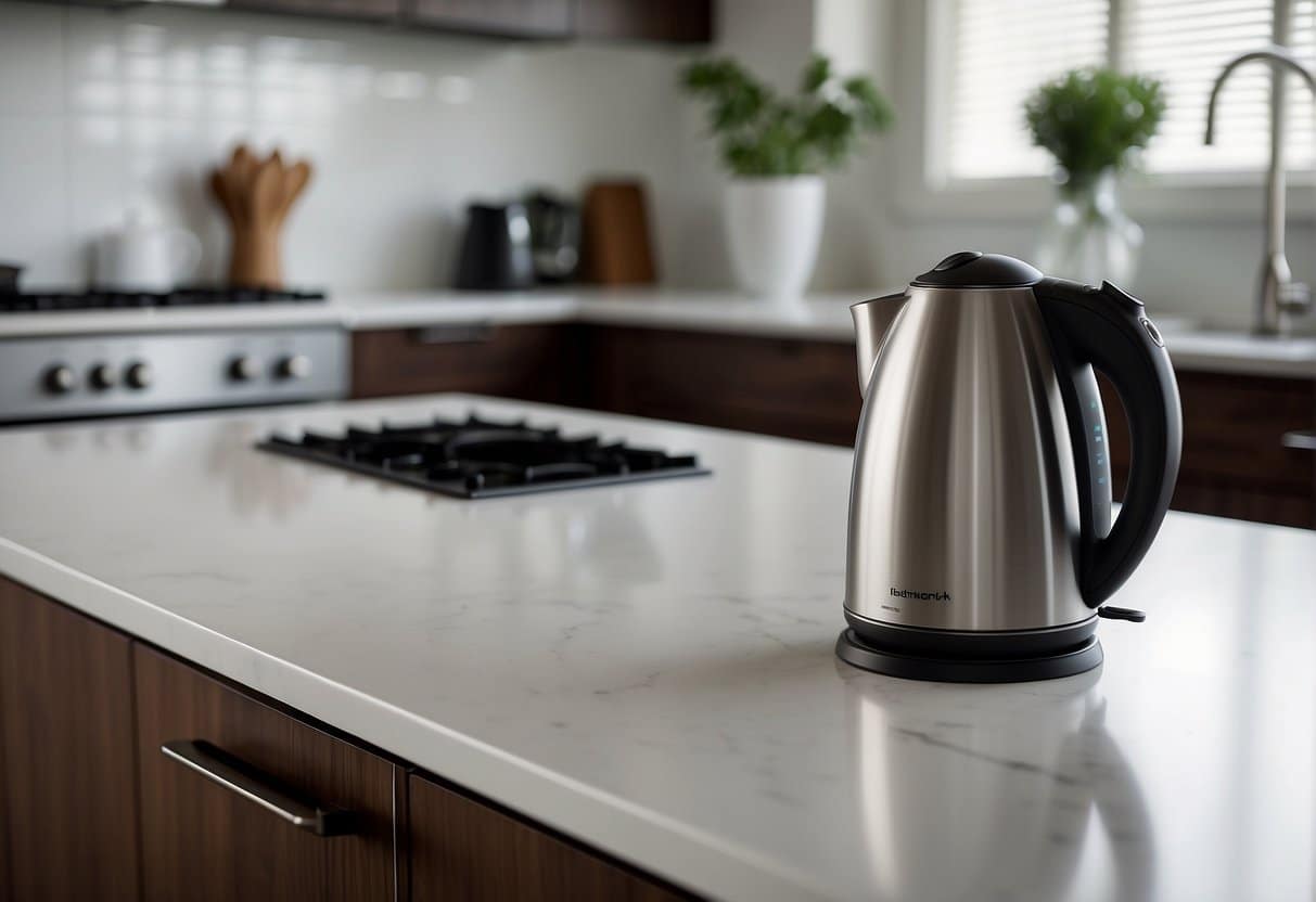 A sleek, modern electric kettle sits on a countertop, steam rising from its spout as it boils water