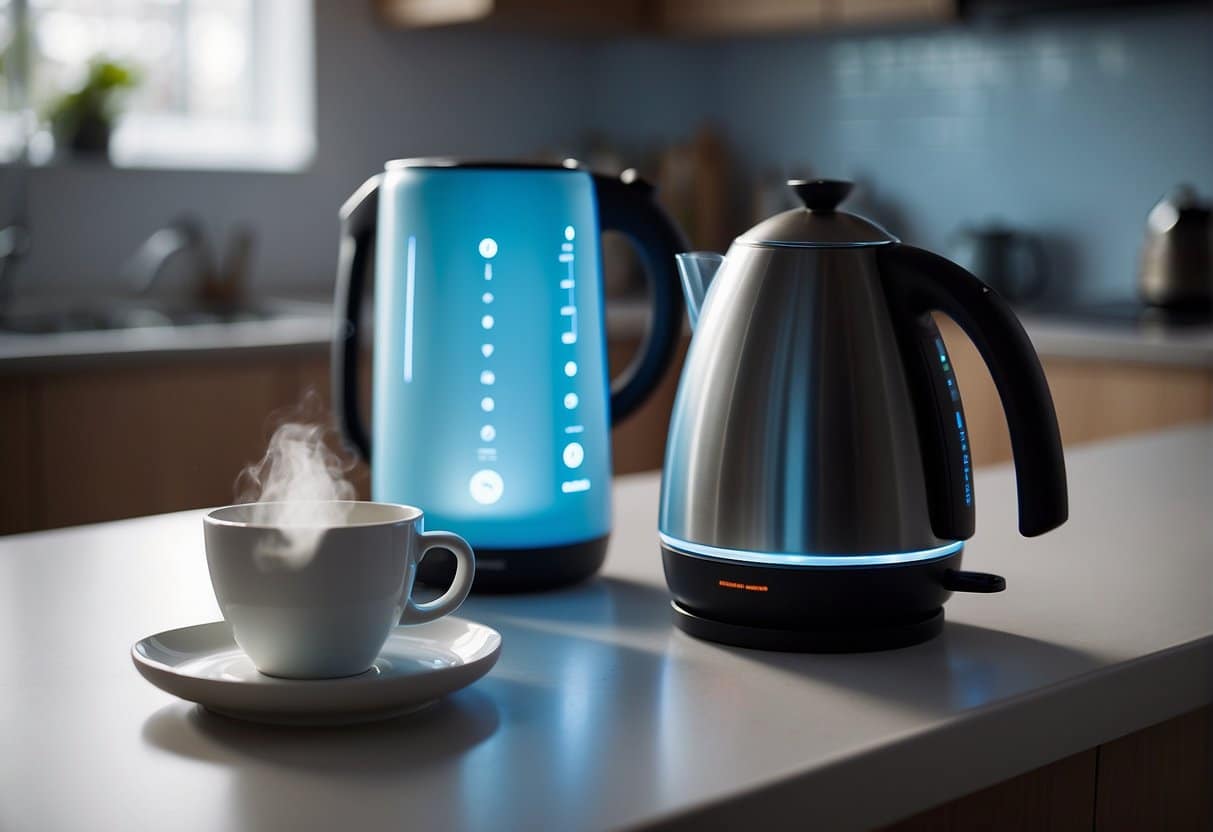 A steaming hot cup of tea sits next to a sleek, modern electric kettle on a clean kitchen counter. The kettle is illuminated with a soft blue light, indicating it is in use