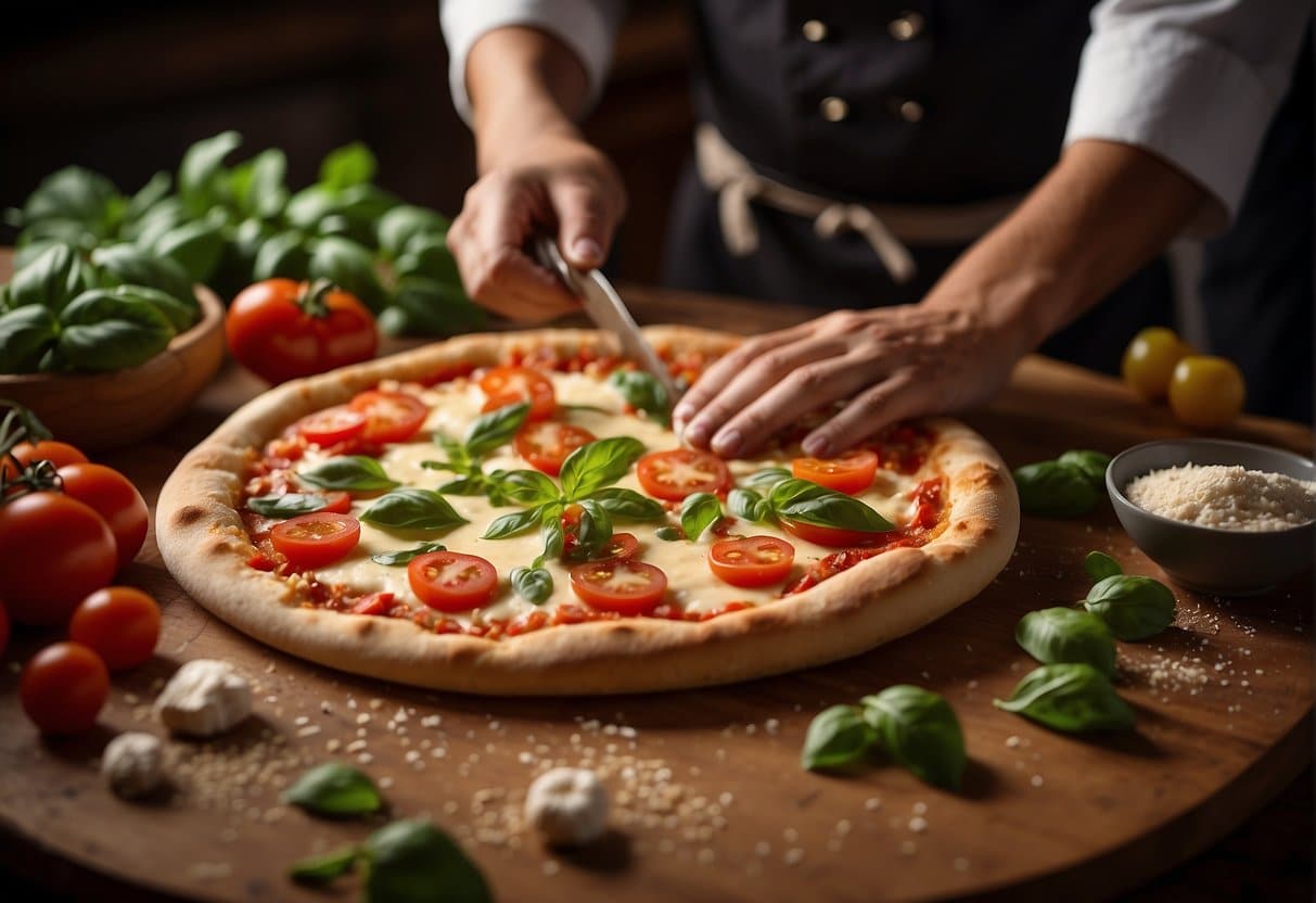 A chef places pre-made pizza crusts on a wooden table, surrounded by fresh ingredients like tomatoes, basil, and cheese