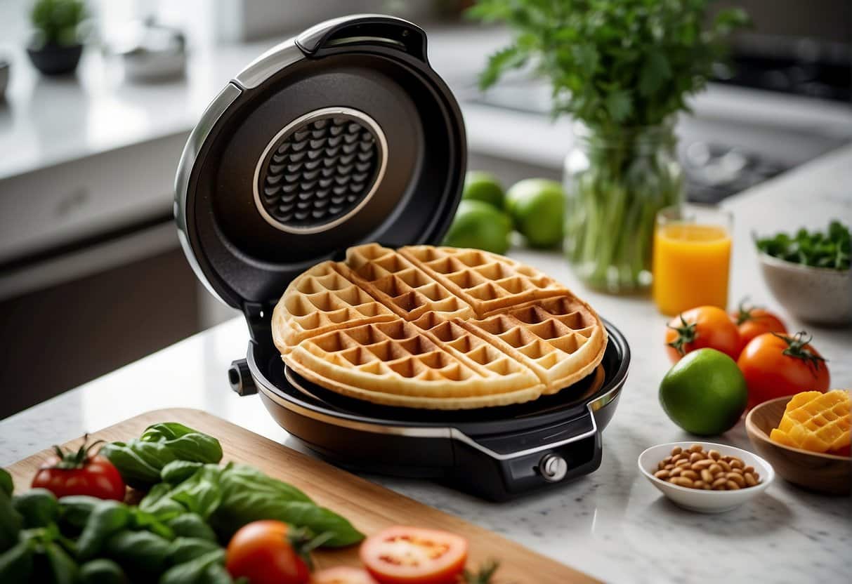 A modern, sleek waffle iron sits on a clean, white kitchen counter, ready to create perfect, golden-brown waffles