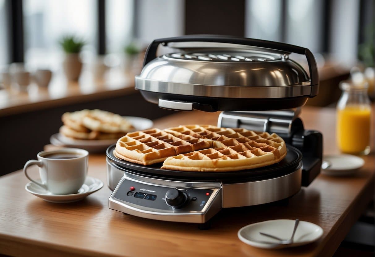 A table with various popular brands and models of waffle irons displayed