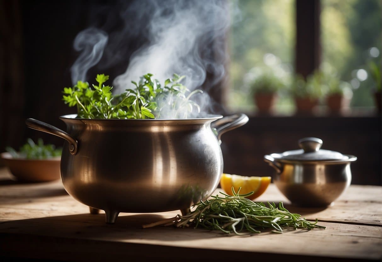 A steaming pot of "Bedste Mørbradgryde" sits on a rustic wooden table, surrounded by fresh herbs and spices. The rich aroma fills the air, and a spoon rests on the edge of the pot