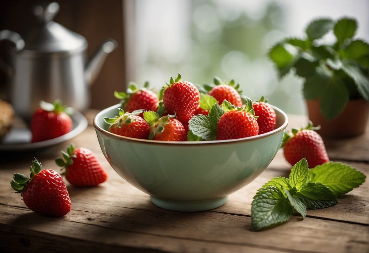 A bowl of Bedste Koldskål sits on a rustic wooden table, surrounded by fresh strawberries, crispy biscuits, and a sprig of mint. A light, airy atmosphere evokes a sense of refreshing indulgence