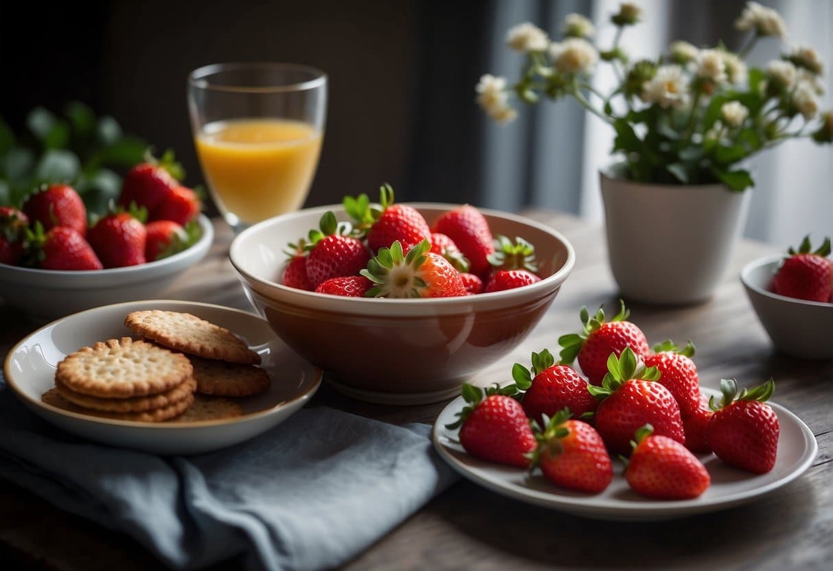 A table set with a bowl of traditional Danish koldskål, surrounded by fresh strawberries and crispy biscuits