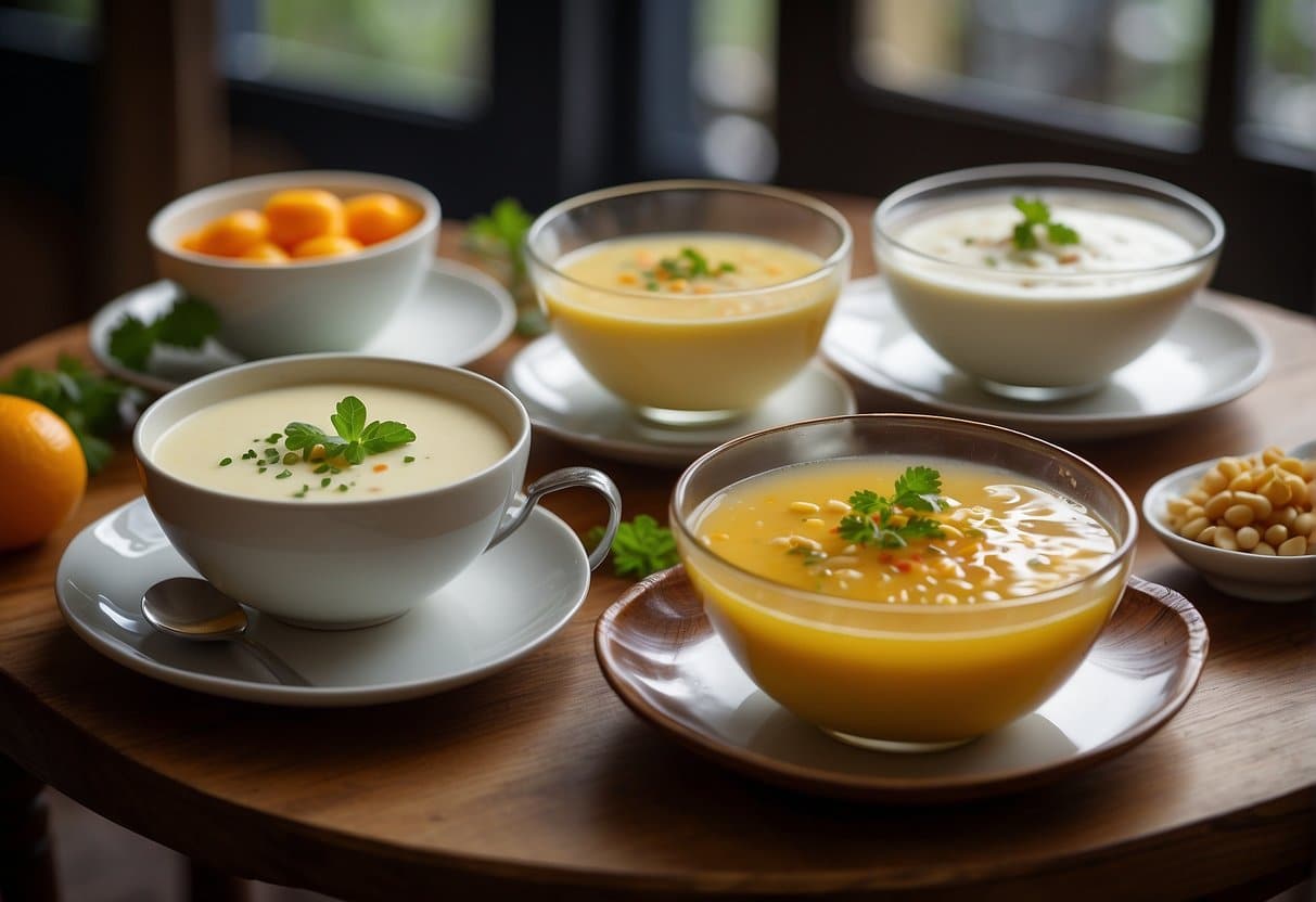 A table set with various toppings and variations for cold buttermilk soup