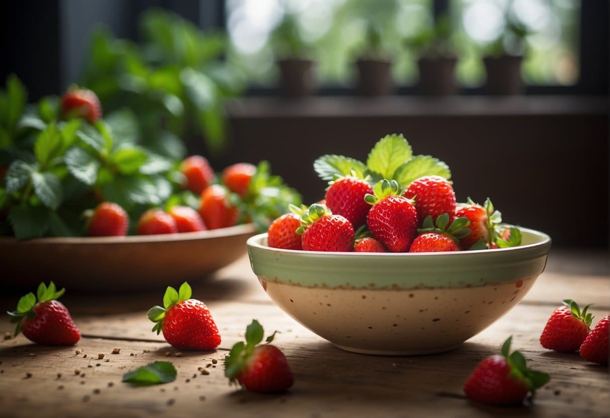 A bowl of koldskål surrounded by fresh strawberries, sprinkled with crunchy pieces of kammerjunkere, and garnished with a sprig of mint