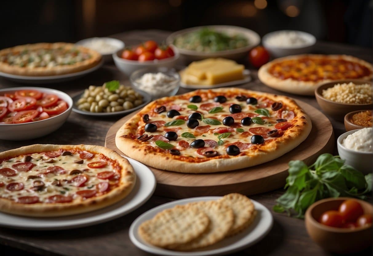 A table with various pizza toppings and a stack of pre-made pizza crusts ready for assembly