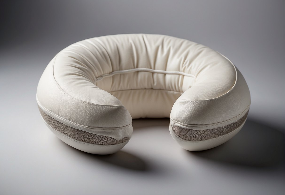 A comfortable neck pillow on a bed, surrounded by soft blankets and a dimly lit bedside lamp