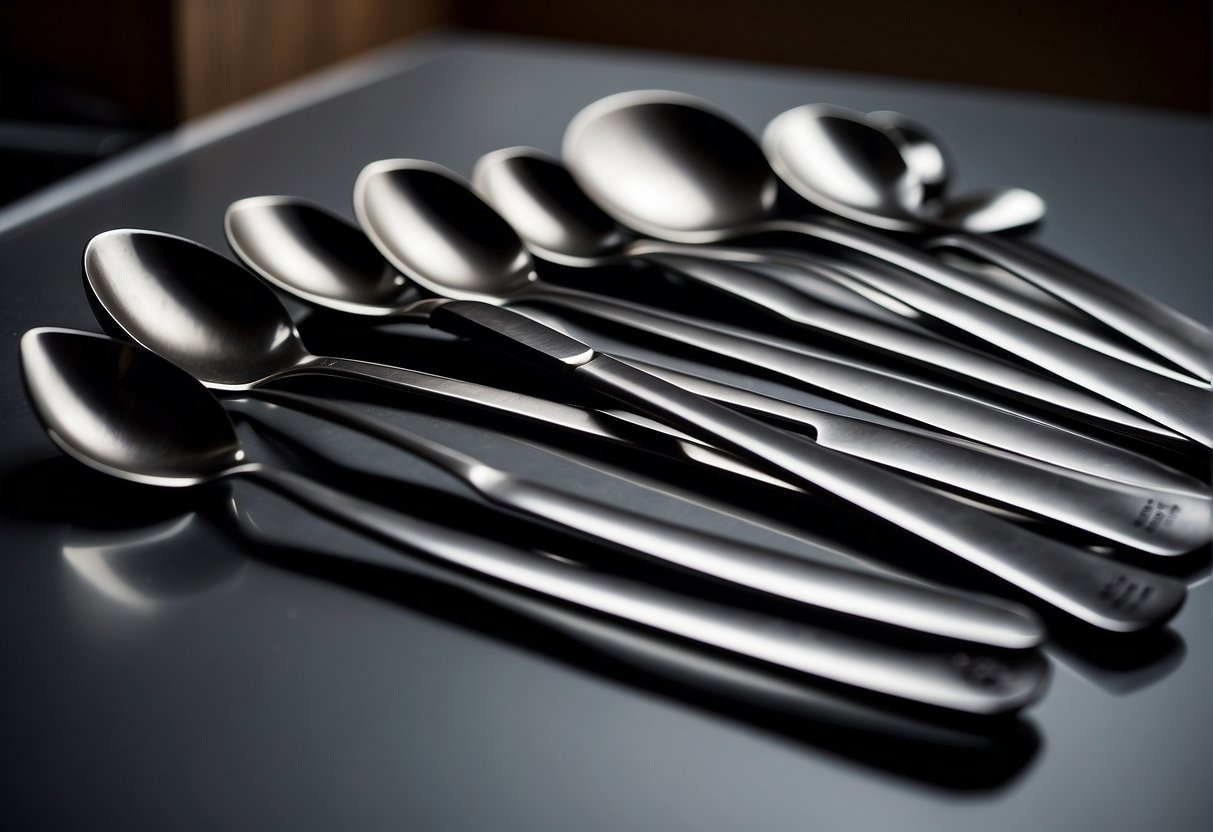 A set of sleek and modern kitchen utensils, including a variety of high-quality cooking spoons and spatulas, neatly arranged on a stainless steel countertop