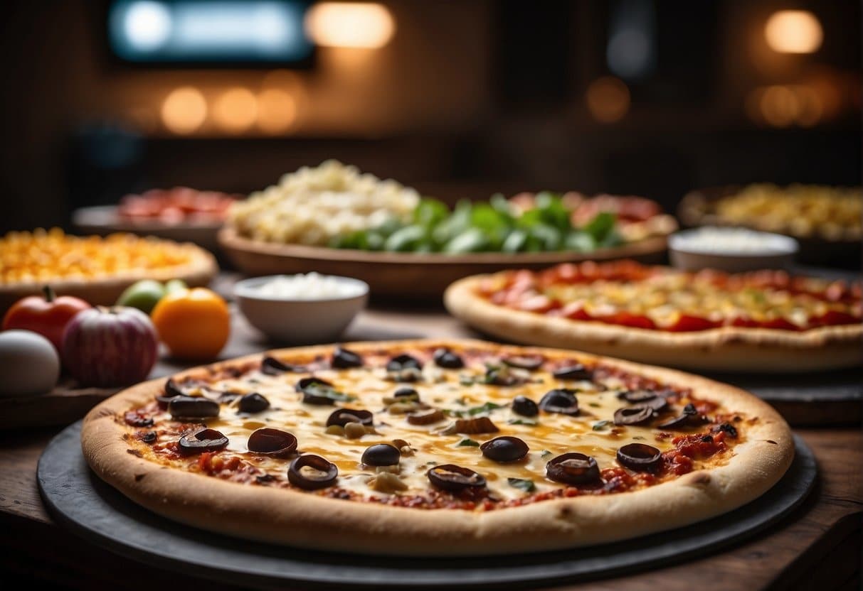 A table with various pizza crusts, toppings, and sauces displayed for customization