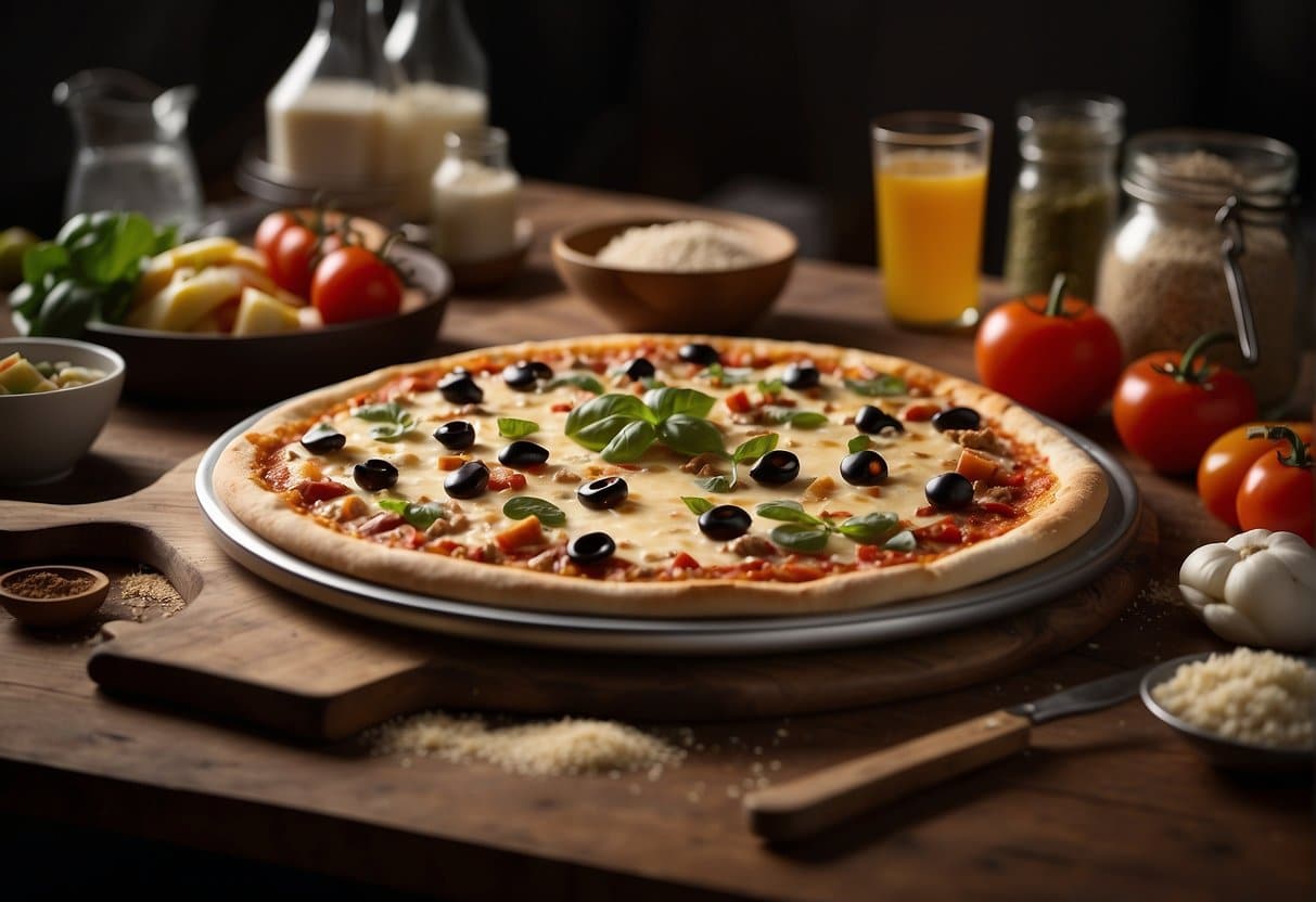 A table with various pizza crusts, toppings, and utensils. Bright lighting and a clean, organized workspace