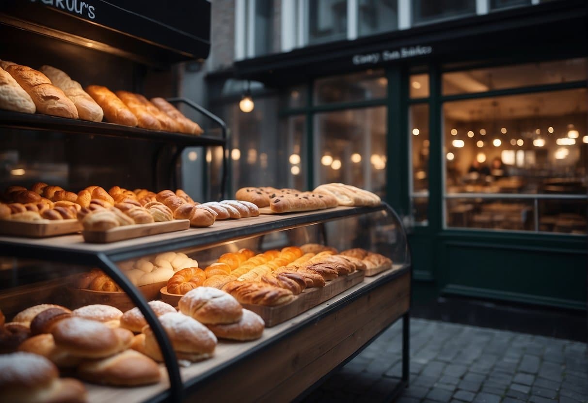 A cozy bakery in Copenhagen with steaming cups of coffee and a display of delicious pastries and breads