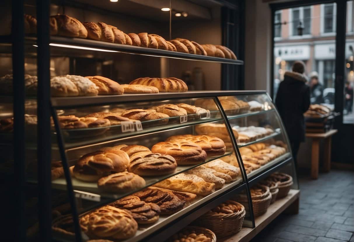 A bustling bakery in Copenhagen, with a display of freshly baked goods and a warm, inviting atmosphere