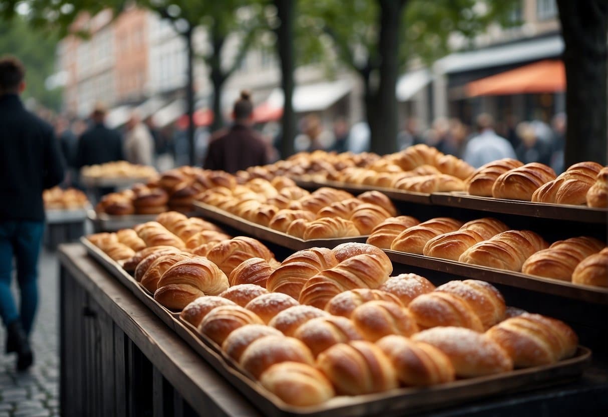 A bustling street in Copenhagen, lined with charming bakeries displaying an array of freshly baked pastries and bread. The aroma of warm, buttery croissants fills the air