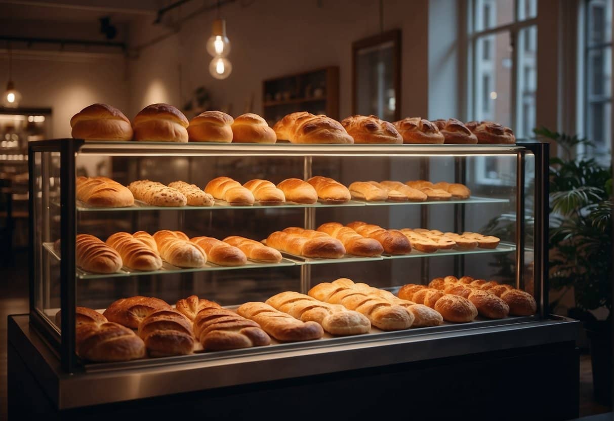 A cozy bakery in Copenhagen with a display of specialty pastries and bread. The warm glow of the interior invites customers in to enjoy the best baked goods in the city