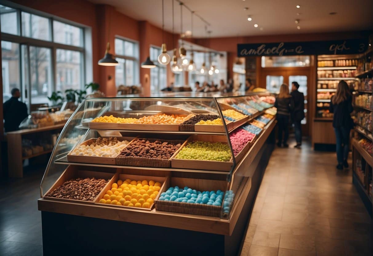 A colorful candy shop in Copenhagen, with rows of bins filled with various sweets and treats, surrounded by happy customers