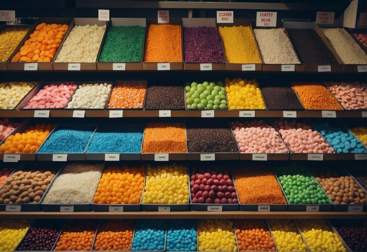 A colorful candy shop in Copenhagen with rows of bins filled with assorted candies and a sign reading "Hvorfor Bland Selv Slik Er Populært i København Bedste Bland Selv Slik i København"