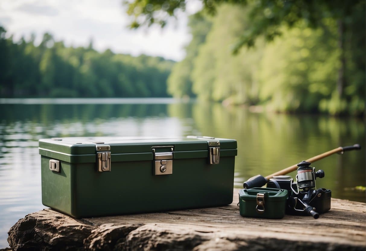 A serene lake surrounded by lush greenery, with a fishing rod and tackle box sitting on the shore, ready for a peaceful day of fishing