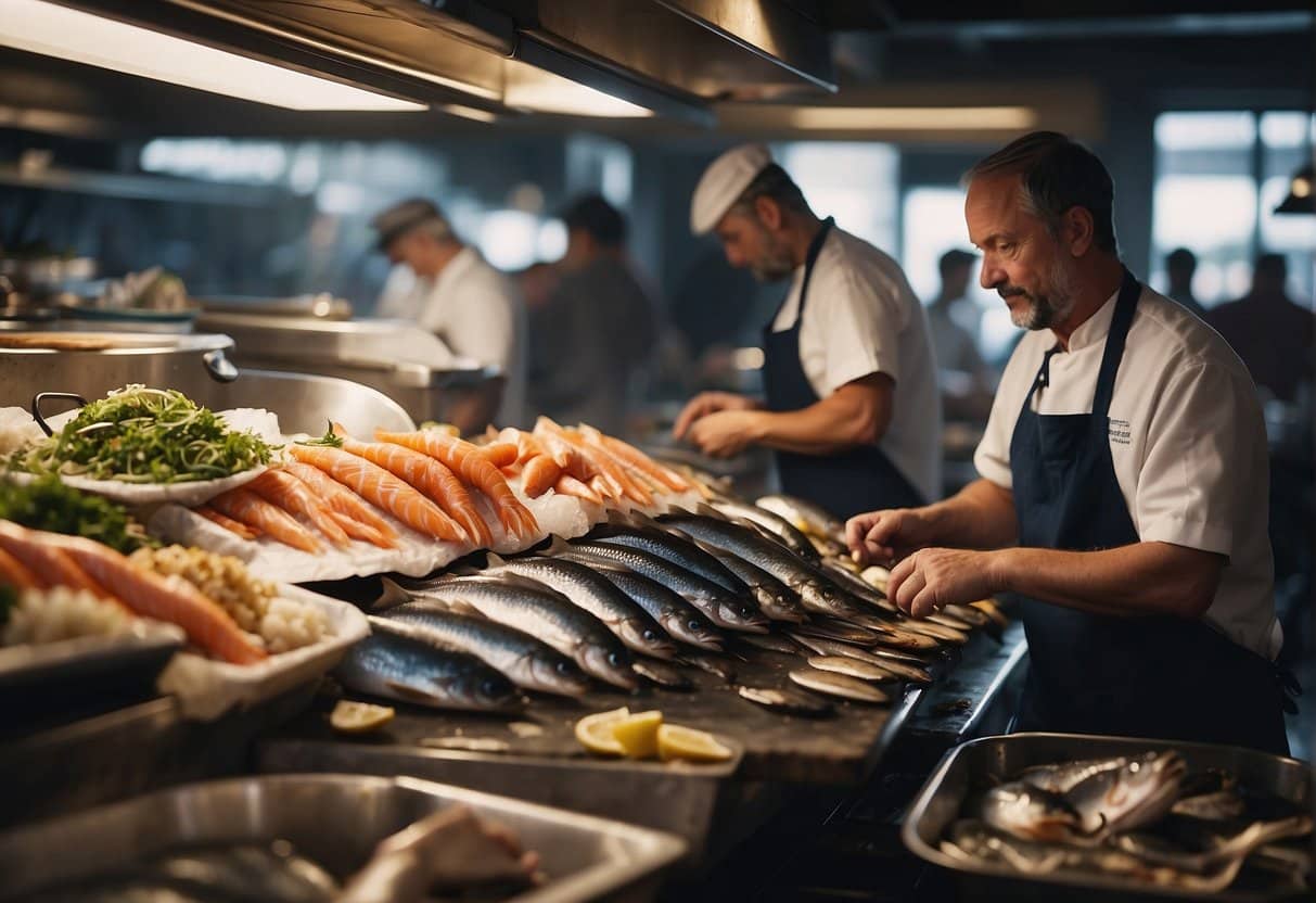 A bustling fish market in Copenhagen, with colorful stalls and fresh seafood on display. A chef expertly fillets a large fish, while customers sample oysters and seafood delicacies