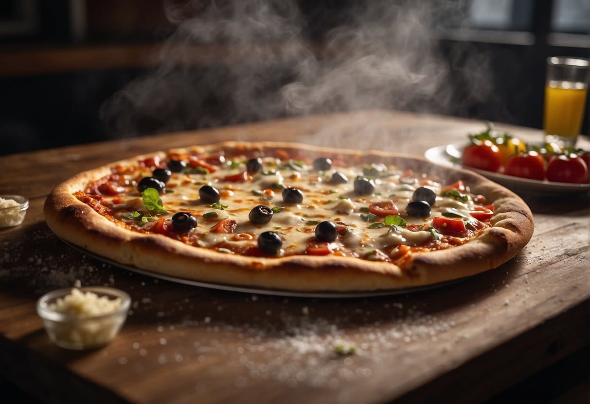 A table with a freshly baked pizza on a rustic wooden board, surrounded by scattered herbs and spices. A hand reaching for a slice