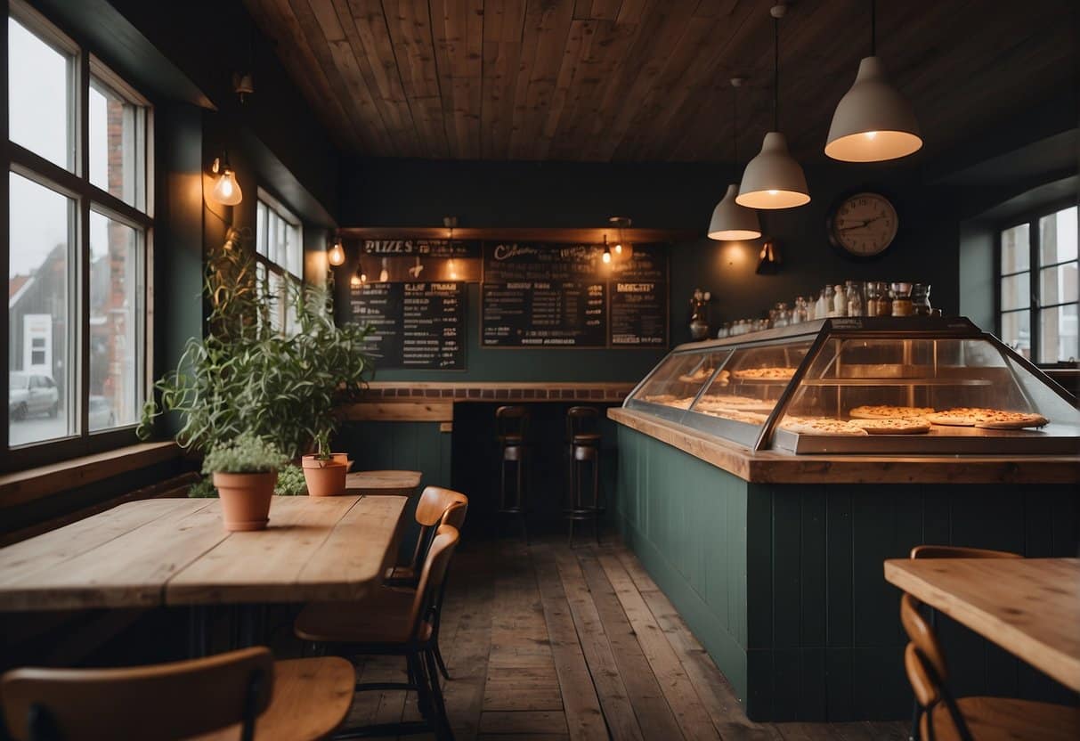 A bustling pizzeria in Hjørring, with customers enjoying their meals. Delicious pizzas being prepared in the open kitchen, with the aroma of freshly baked dough filling the air