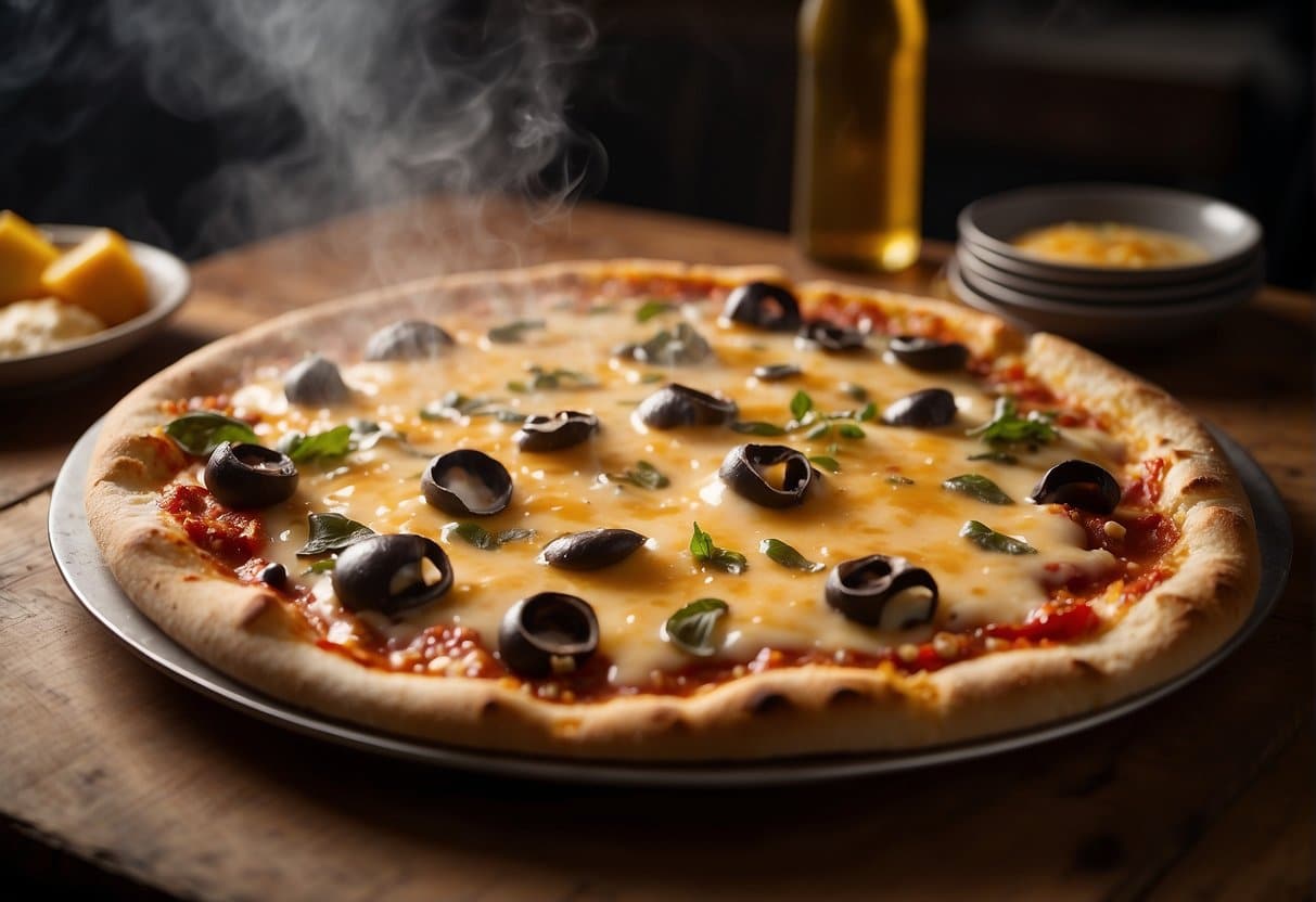 A steaming hot pizza with a variety of toppings sits on a wooden table in a cozy pizzeria in Hjørring. The melted cheese and fresh ingredients create an inviting and appetizing scene