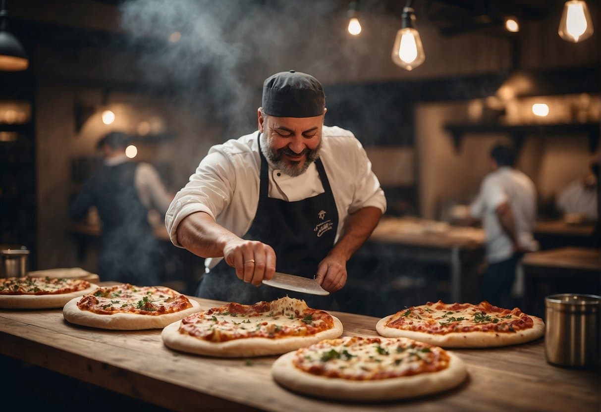 A bustling pizzeria in Helsingør, with a wood-fired oven and chefs tossing dough. Customers enjoy their meals at cozy tables