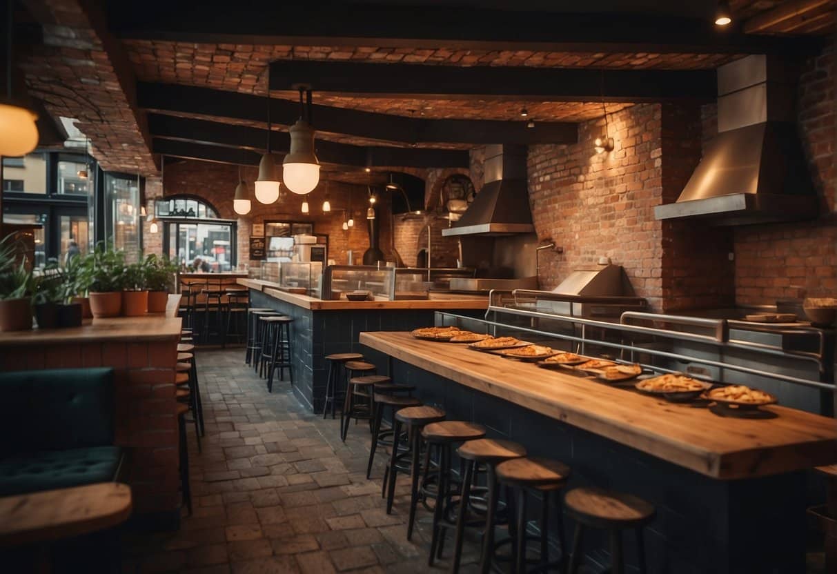 A bustling pizzeria in Helsingør, with a brick oven, colorful toppings, and a welcoming atmosphere